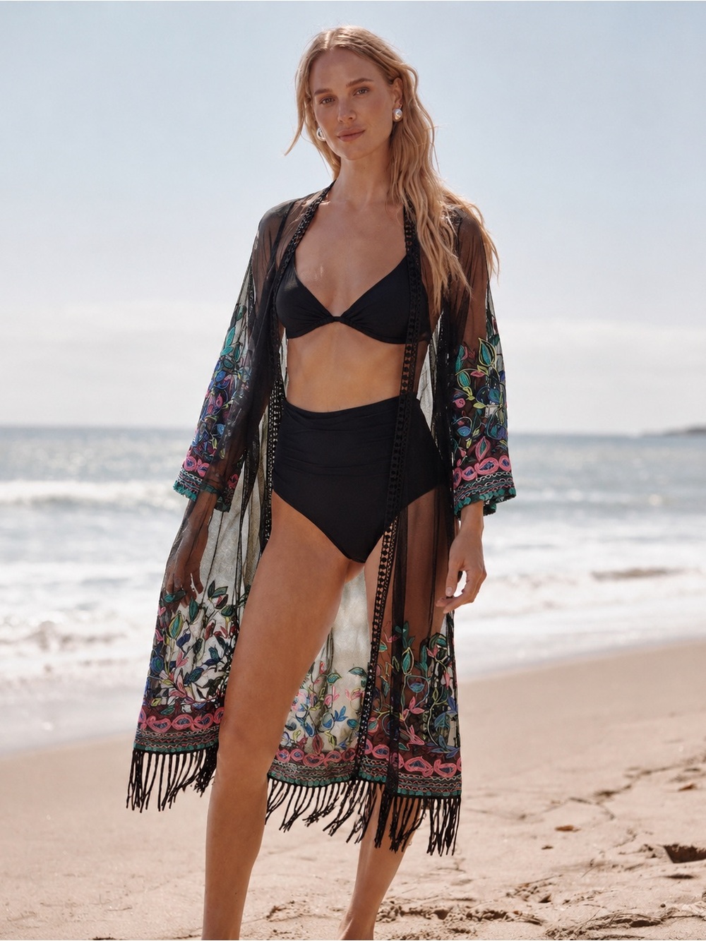 Dasayo Embroidered Floral Fringe Kimono Cover Up Black One Size OS
